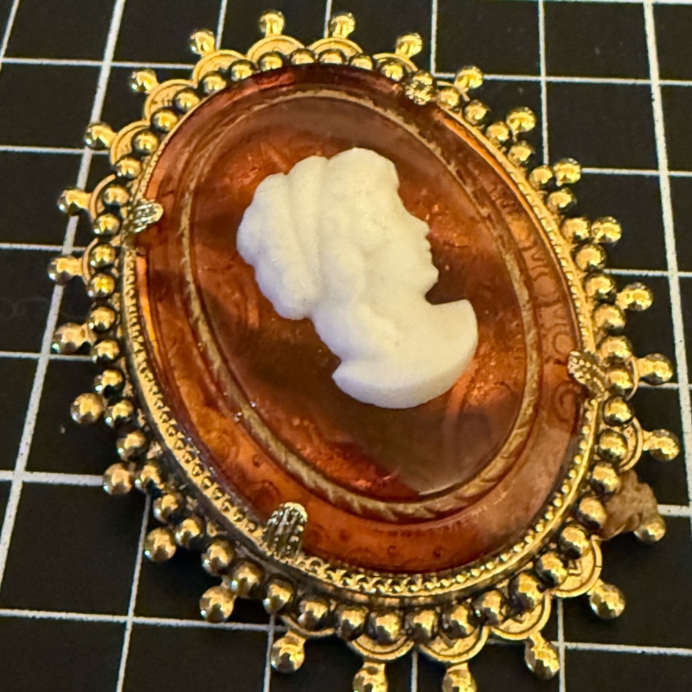 Elegant Gold and Brown Cameo Brooch
